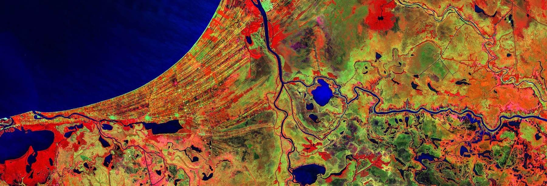 False-color infrared satellite image of a river delta meeting deep water.